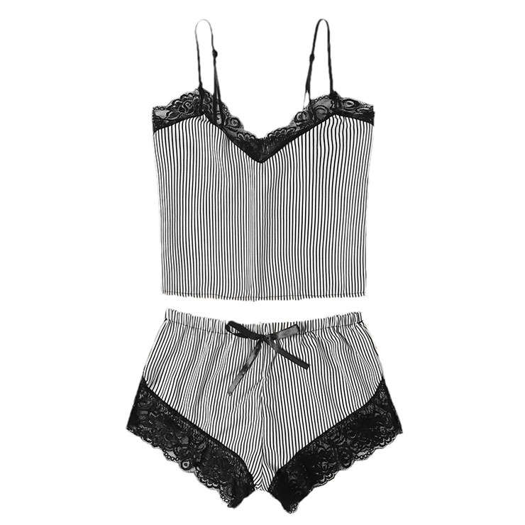 Lovely Two-piece Vertical Stripes Laciness Split Pajamas Pants Set Sling Nightwear N20090