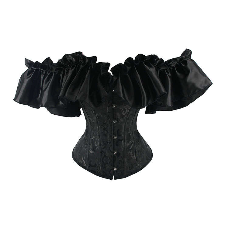 Gothic Black Plastic Boned Ruffles Off-shoulder Strapless Body Shaper Overbust Corset N22349