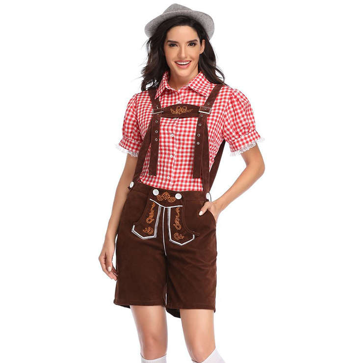 Women's Bavarian Beer Girl Suspenders and Gingham Shirt Oktoberfest Lederhosen Costume N19874