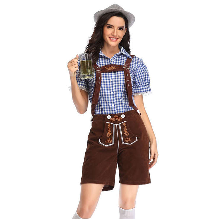 Women's Bavarian Beer Girl Suspenders and Gingham Shirt Oktoberfest Lederhosen Costume N19876