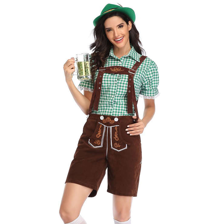 Women's Bavarian Beer Girl Suspenders and Gingham Shirt Oktoberfest Lederhosen Costume N19878