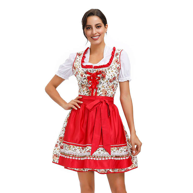 3PCs Women's Bavarian Beer Girl Cosplay Floral Print Dress Adult Oktoberfest Costume N20586
