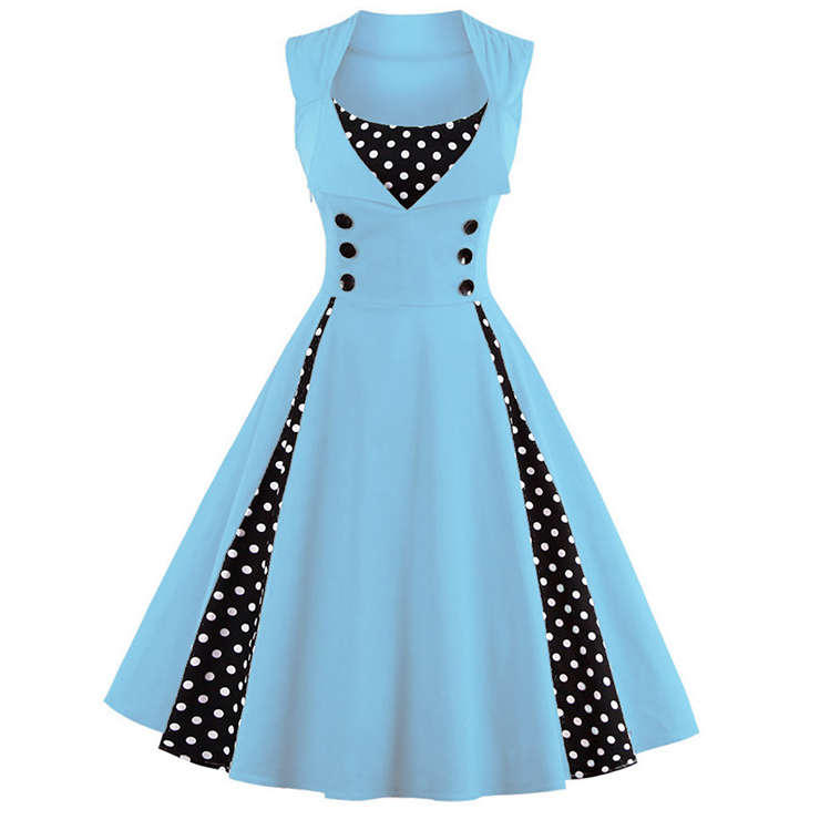 Vintage Rockabilly Polka Dot Print Sleeveless Casual Cocktail Party Dress N12346