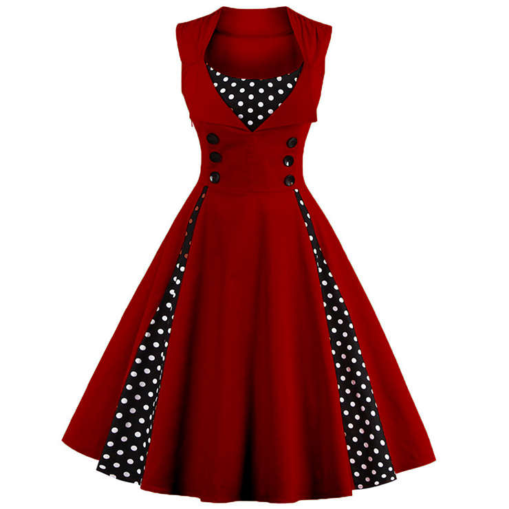 Vintage Rockabilly Polka Dot Print Sleeveless Casual Cocktail Party Dress N12348