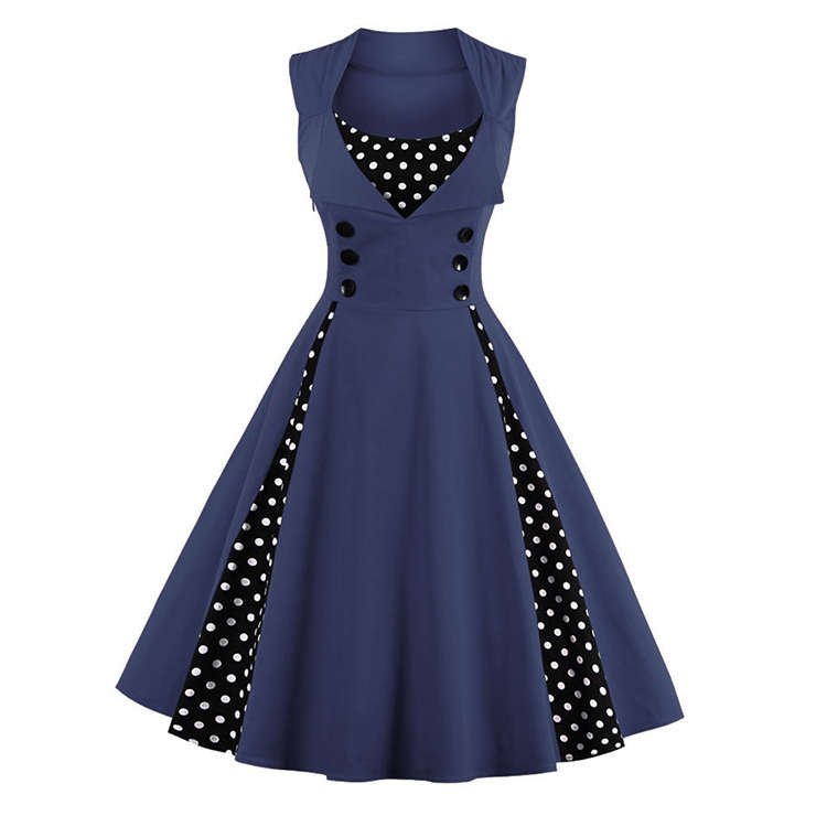Vintage Rockabilly Polka Dot Print Sleeveless Casual Cocktail Party Dress N12349