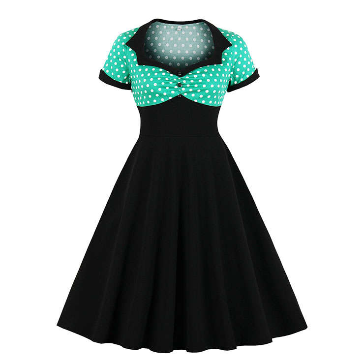 1950's Vintage Polka Dots Spliced Lapel Short Sleeve Cocktail Party A-line Swing Dress N19624