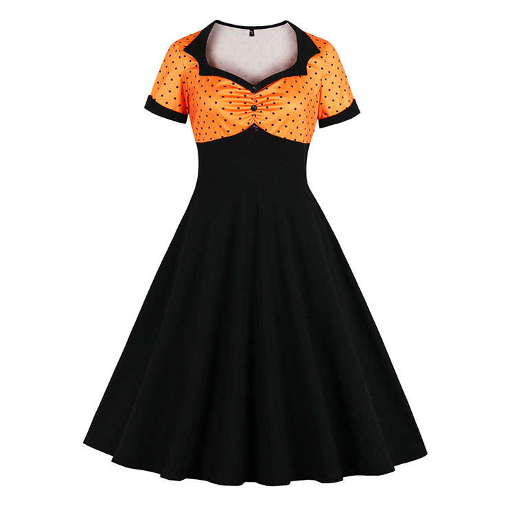 1950's Vintage Polka Dots Spliced Lapel Short Sleeve Cocktail Party A-line Swing Dress N19660
