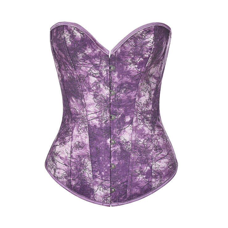 Fashion Purple Print Busk Closure Plastic Boned Body Shaper Overbust Corset N20919