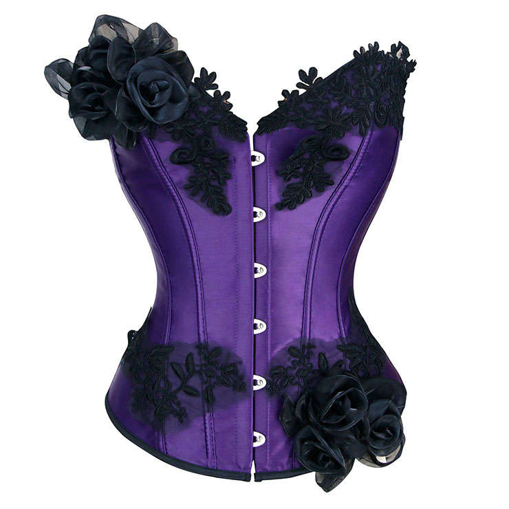 Fashion Purple Strapless Embroidered Lace Flowers Plastic Bone Overbust Corset N20245