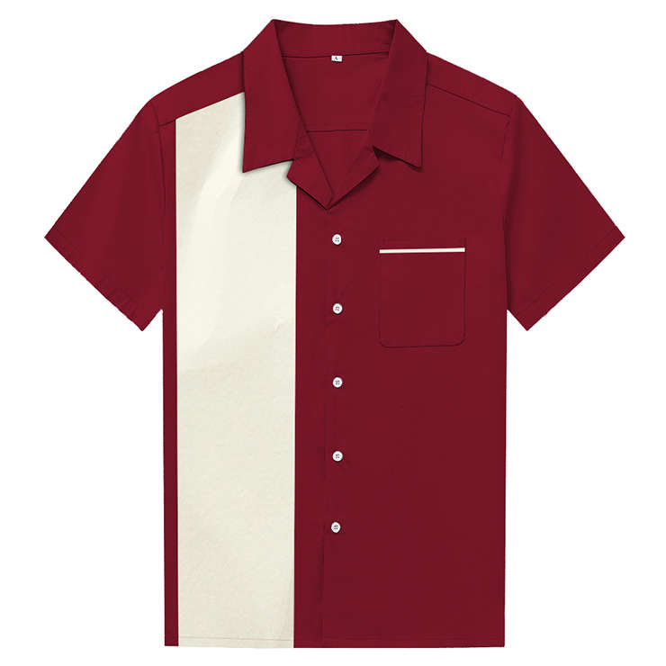 Red Male Retro Splicing Panel Casual Fifties Bowling Shirt N16687