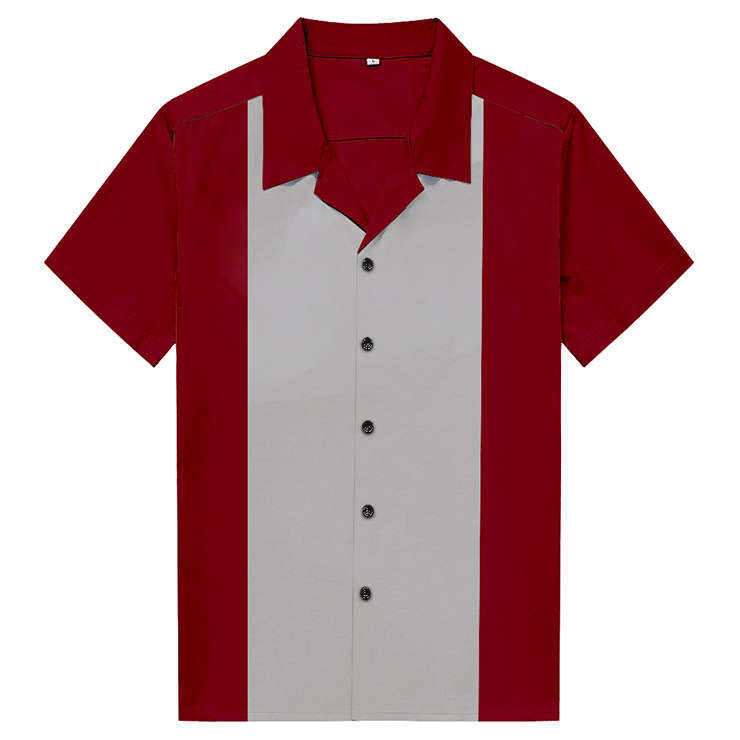 Red Male Splicing Beer Shirt Casual Fifties Bowling Shirt N16718