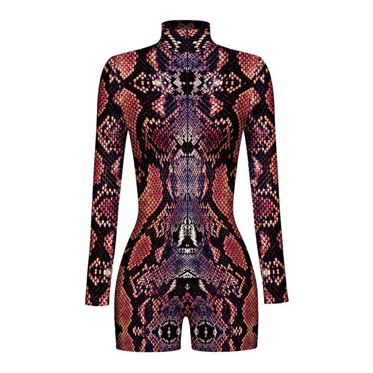 Red Pattern 3D Printed High Neck Long Bodycon Jumpsuit Halloween Costume N22347