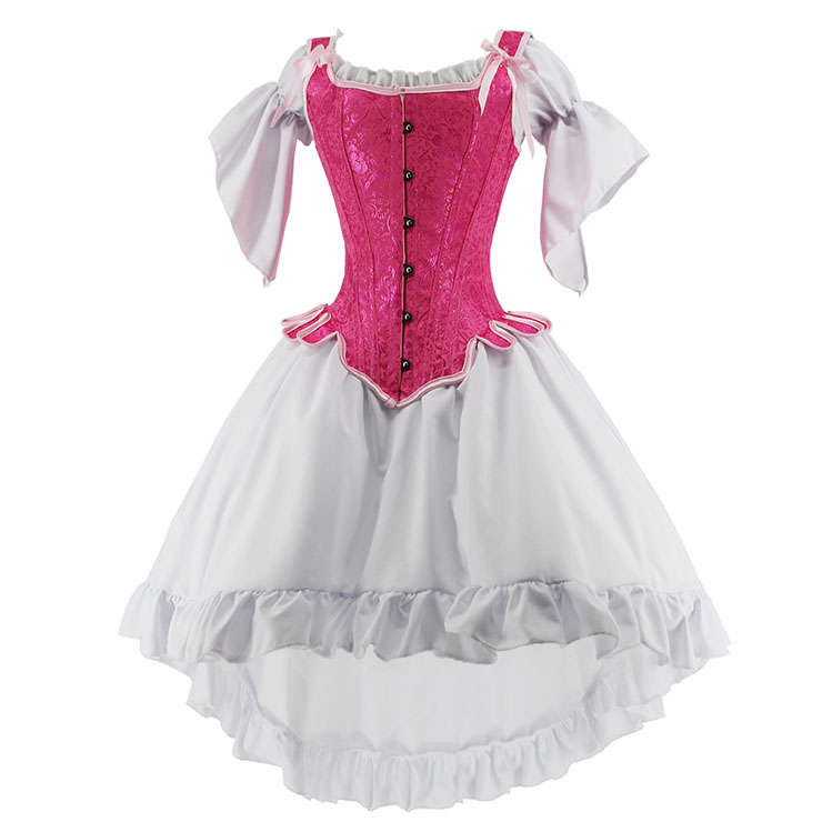 Retro Brocade 14 Plastic Bones Wavy Hem Overbust Corset with Off-shoulder High-low Dress N21911