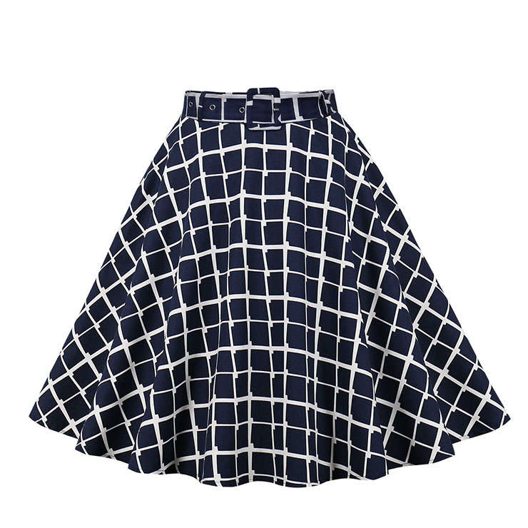 Retro Checkered Cotton High Waisted Belted A-line Flared Skirt N21509