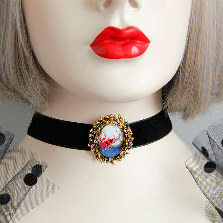 Retro Christmas Santa and Reindeer Badge Black Choker Necklace J18621