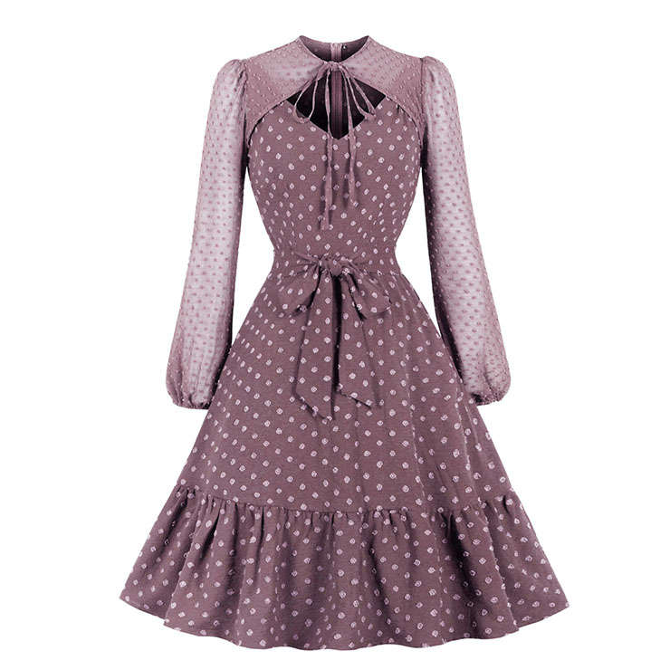 Vintage Lace-up Cut-out Bodice Long Sleeves Sashed High Waist Cocktail Party A-line Dress N22048