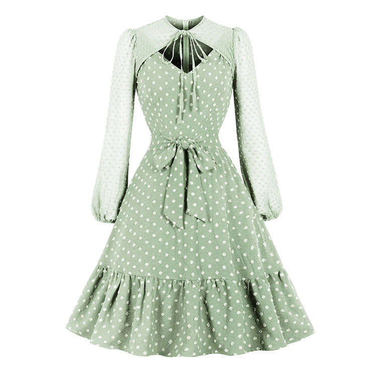 Vintage Lace-up Cut-out Bodice Long Sleeves Sashed High Waist Cocktail Party A-line Dress N22049