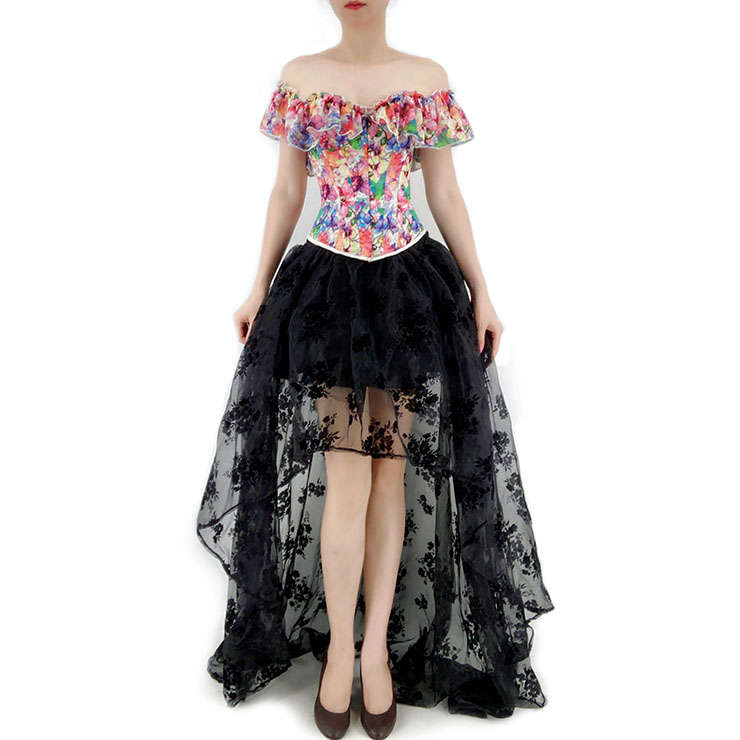 Retro Floral Print Off Shoulder Plastic Boned Overbust Corset with Organza High Low Skirt Set N22234