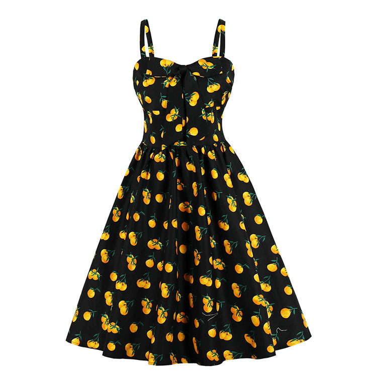 Sexy Yellow Peach Pattern Print Spaghetti Straps High Waist Dinner Party Midi Swing Dress N20564