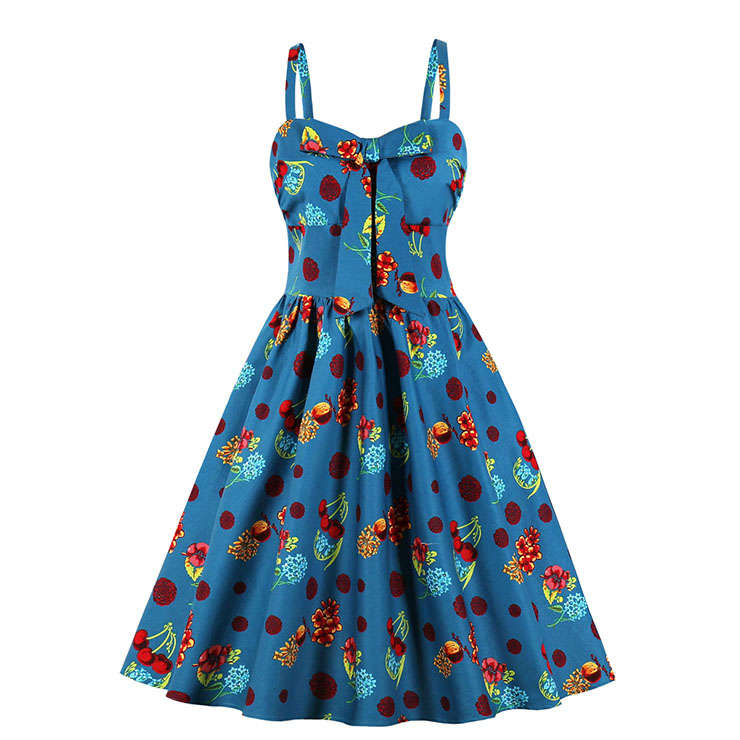 Sexy Cherry Pattern Print Spaghetti Straps High Waist Dinner Party Midi Swing Dress N20565