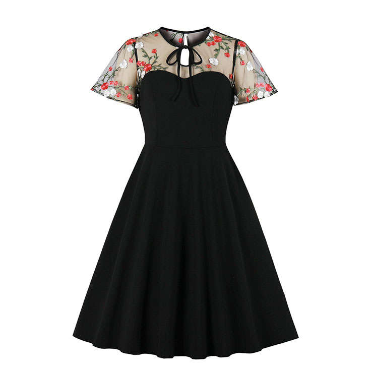 Retro Sheer Mesh Floral Embroidered Patchwork Heart-shaped Bodice High Waist A-line Dress N21332