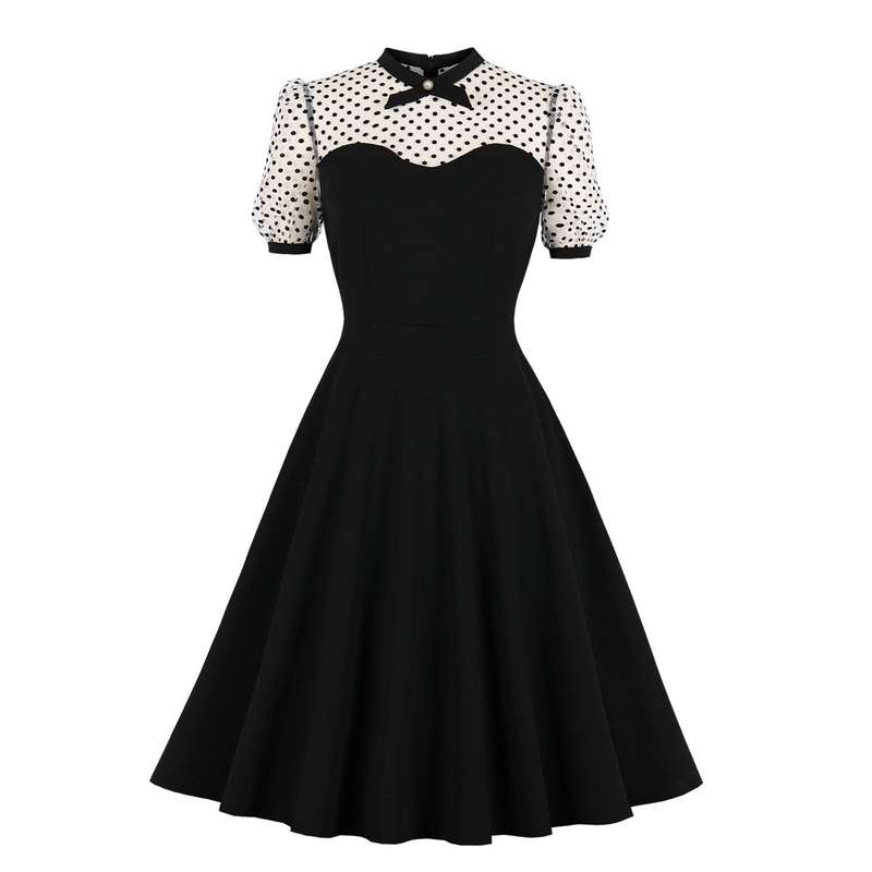 Vintage Sheer Mesh Polka Dots Patchwork Heart-shaped Bodice High Waist A-line Dress N21346