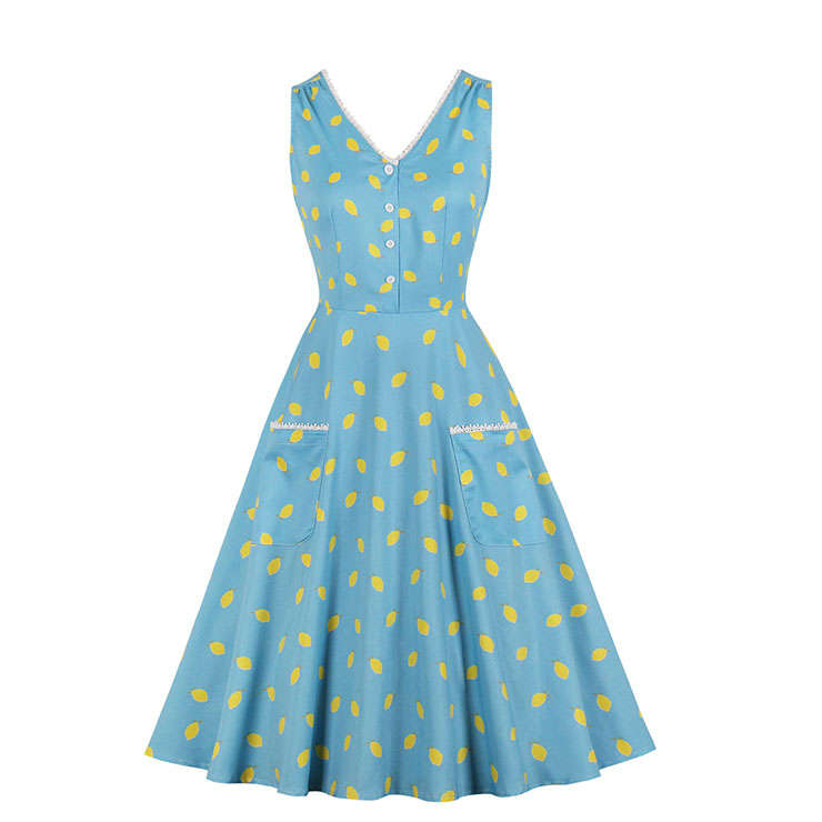 Retro Light-blue Lemon Pattern Print V Neck Sleeveless High Waist Summer Vest Dress N20568