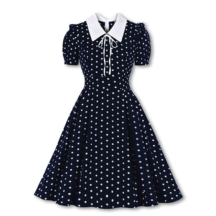 Retro Lapel Lacing Short Sleeve Polka Dots Print Summer Daily A-line Swing Dress N22255