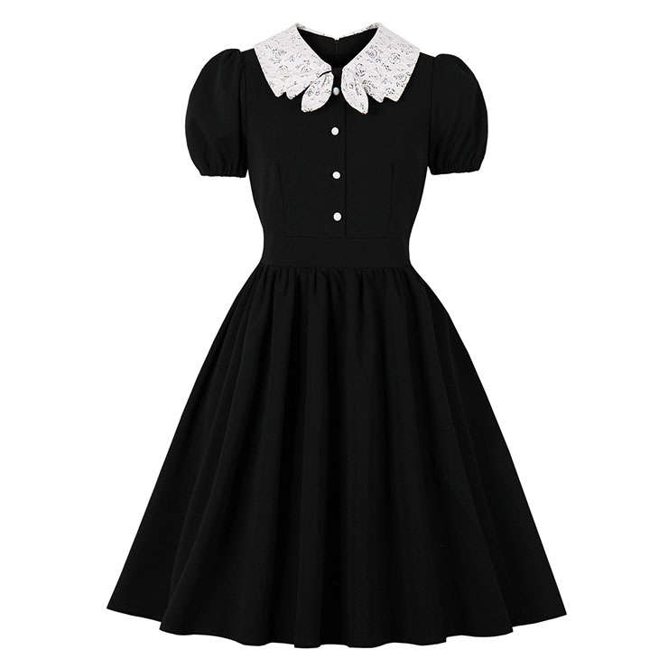 Vintage Lace Lapel Front Button Bodice Puff Sleeves High Waist Cocktail Party A-line Dress N21719