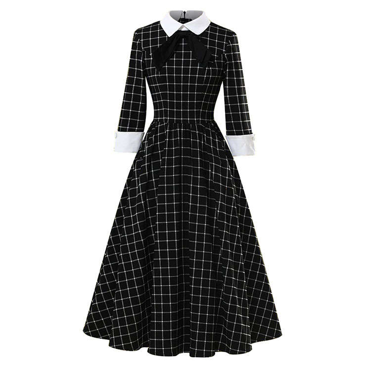 Retro Lapel Tie Half Sleeve Plaid Print Party A-line Swing Dress N20964
