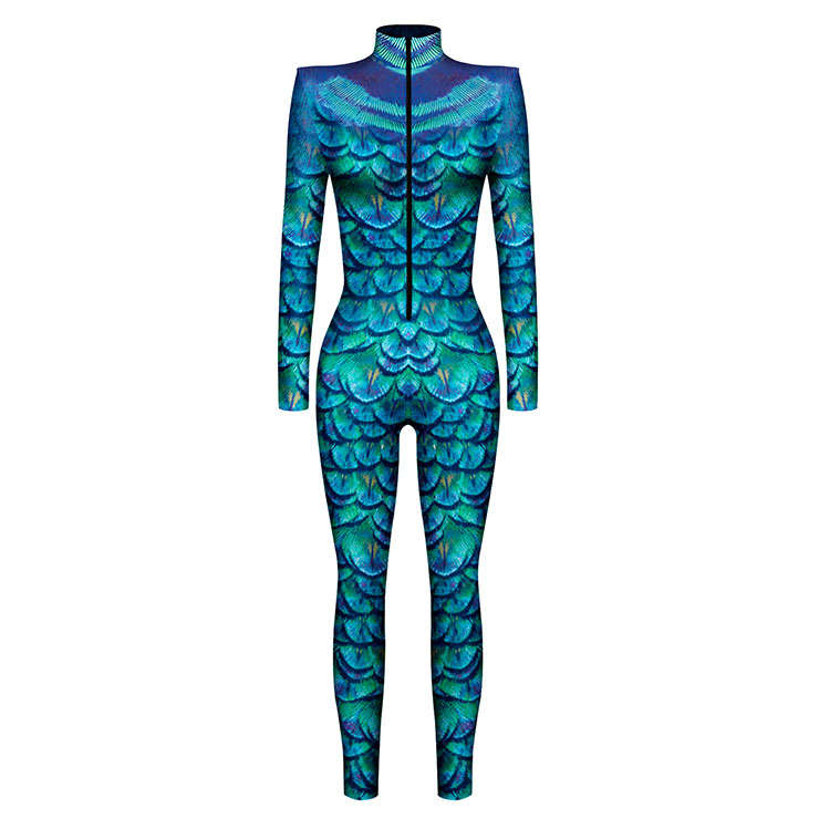 Blue Robot 3D Printed Unitard Humanoid High Neck Bodysuit Halloween Cosplay Costume N22331