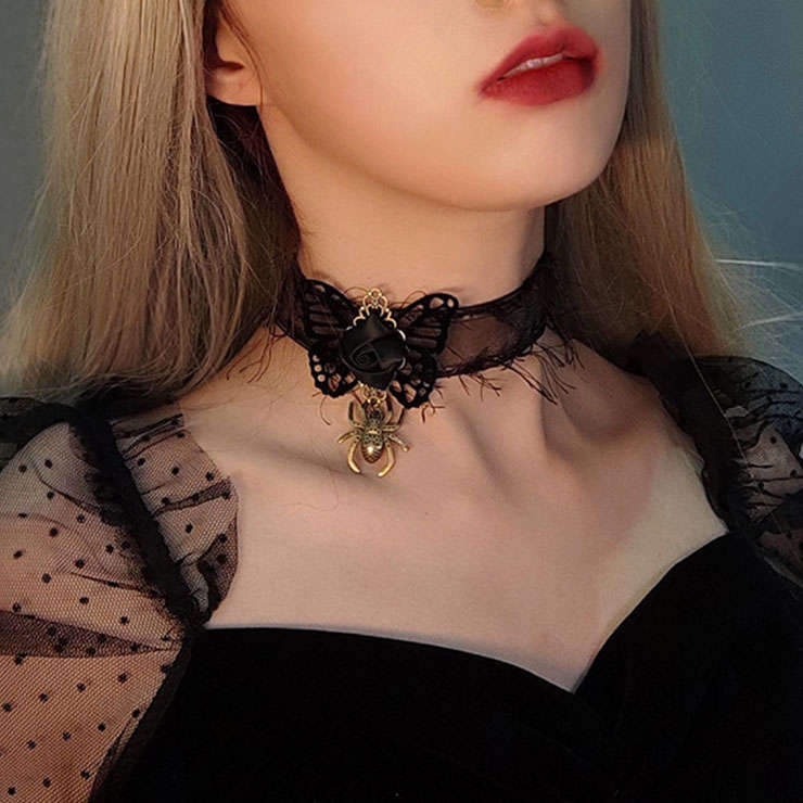 Gothic Black Rose and Butterfly Choker Spider Pendant Cosplay Jewelry Handmade Necklace J21468