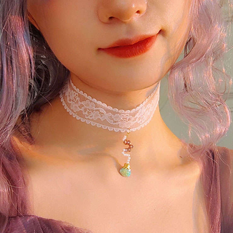 Lovely Seashell Pendant Lace Choker Mermaid Cosplay Jewelry Handmade Necklace J21463