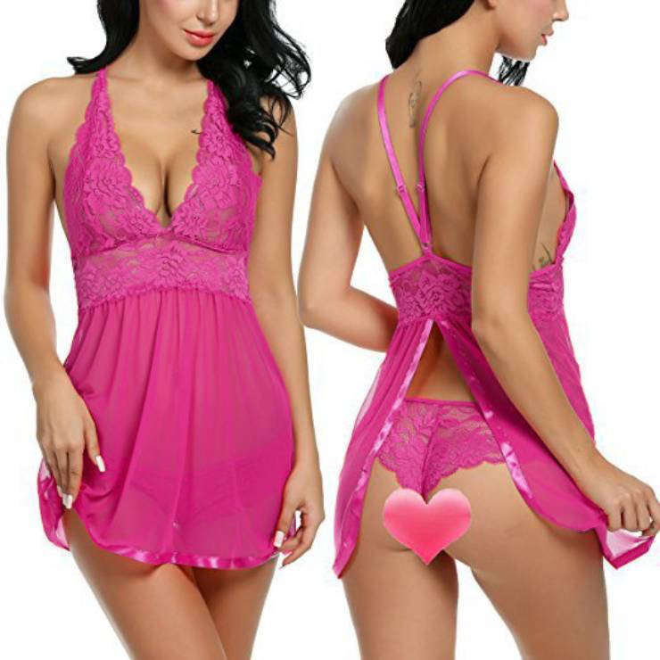 Sexy Floral Lace Deep V Spaghetti Straps See-through Mesh Nightgown Babydoll Chemise N21938