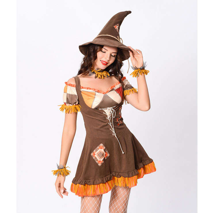 Sexy Magic Witch Off-the-shoulder Lace-up Mini Dress Adult Cosplay Costume With Hat N20166