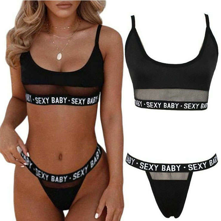 Sexy Black Half See-through Stretch Letters Underwear Bikini Beach Swimsuit Set N21272