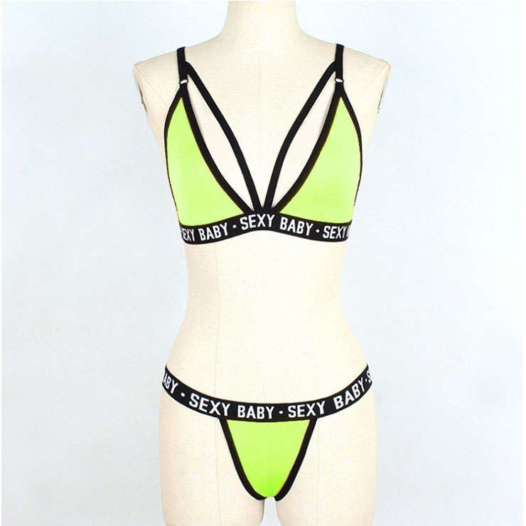 Sexy Green Deep V Hollow Out Stretch Letters Three-point Underwear Bikini Beach Swimsuit N21321