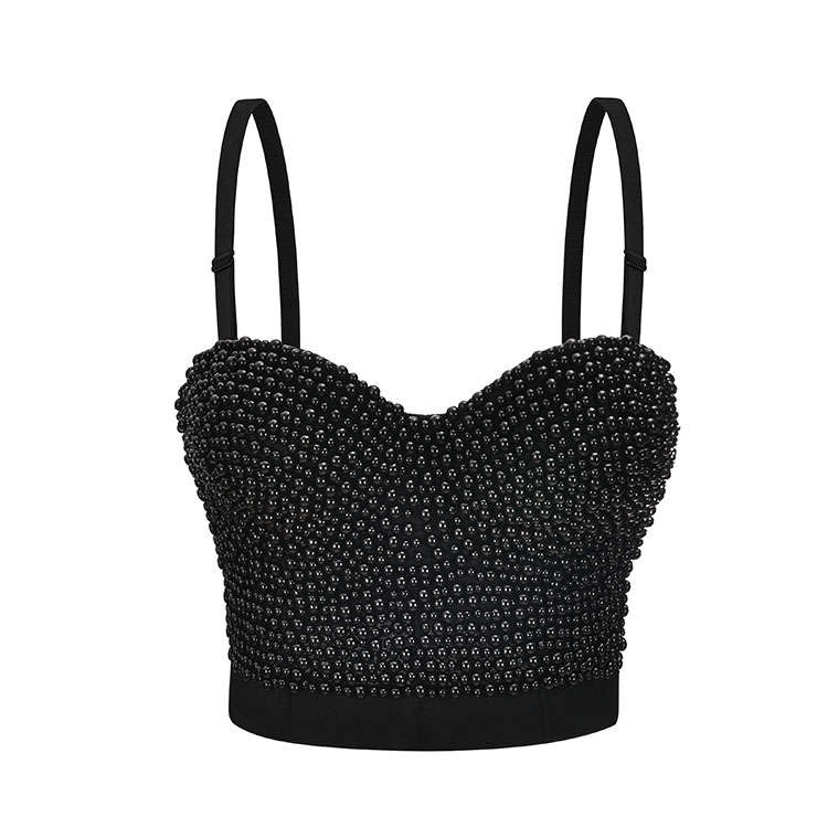 Women's Sexy Black Beaded B Cup Bustier Bra Clubwear Crop Top N20860