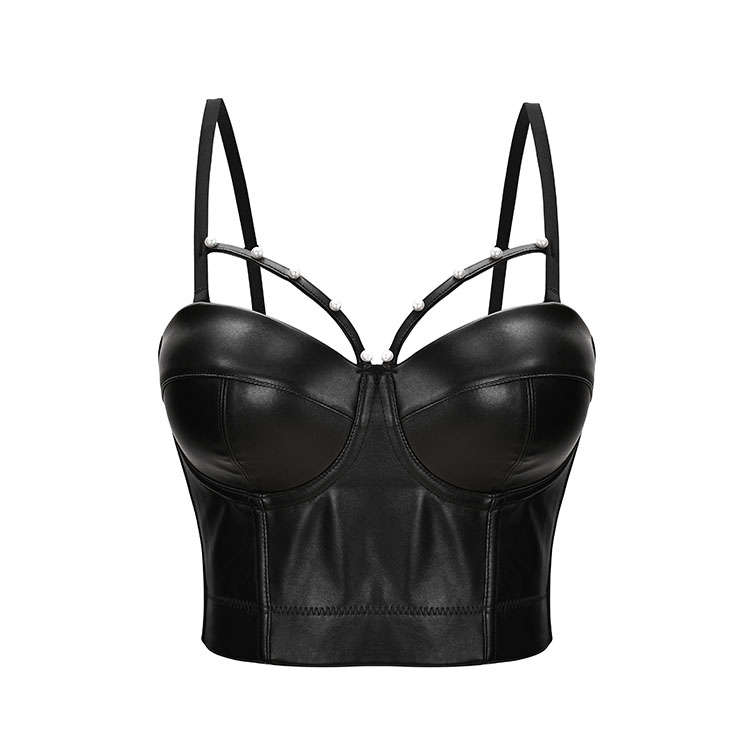Sexy Black Matt Spaghetti Straps Hollow Out Beading Bustier Clubwear Bra Crop Top N21166