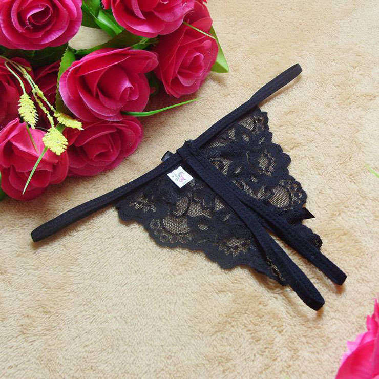 Sexy Black Bow Crotchless Floral Lace T-back G-string PT17499