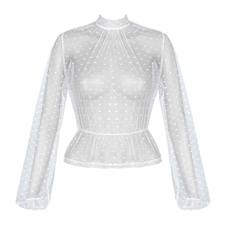 Sexy White Polka Dots Sheer Soft Yarn Stand Collar Long Sleeve Slim Waist Blouse N20234