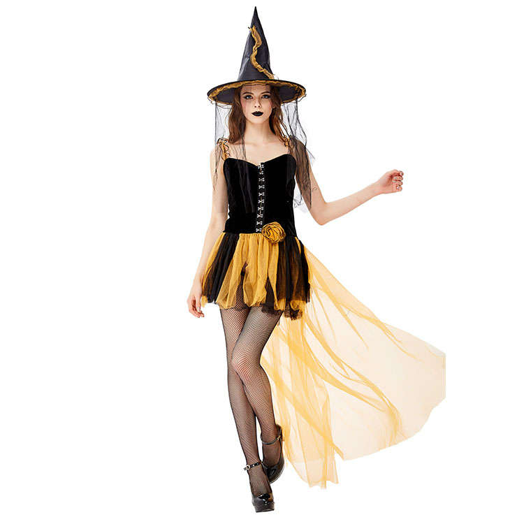 Sexy Gothic Black Witch Mini High-low Dress Adult Halloween Cosplay Costume with Hat N19433