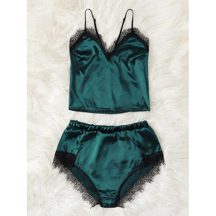 Sexy Soft Satin Lace Trim Camisole and Panty Lingerie Set N20091