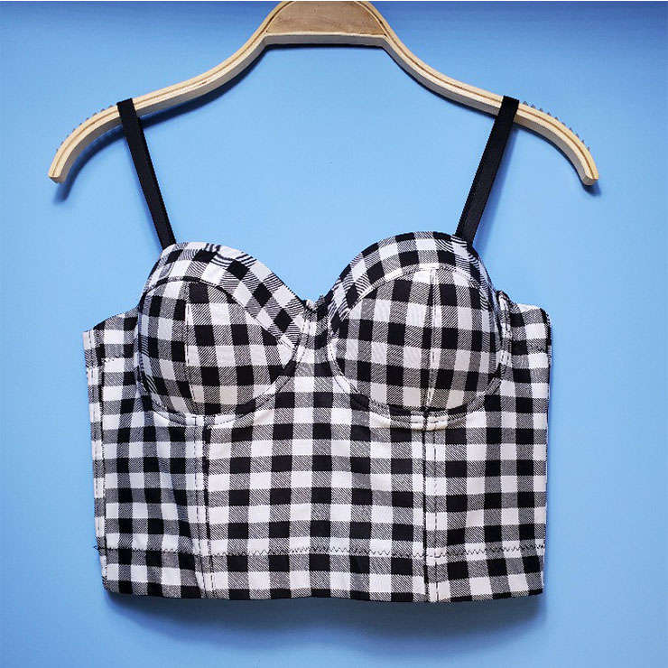 Sexy Black And White Checkered Padded Underwire B Cup Bustier Bra Clubwear Crop Top N20531