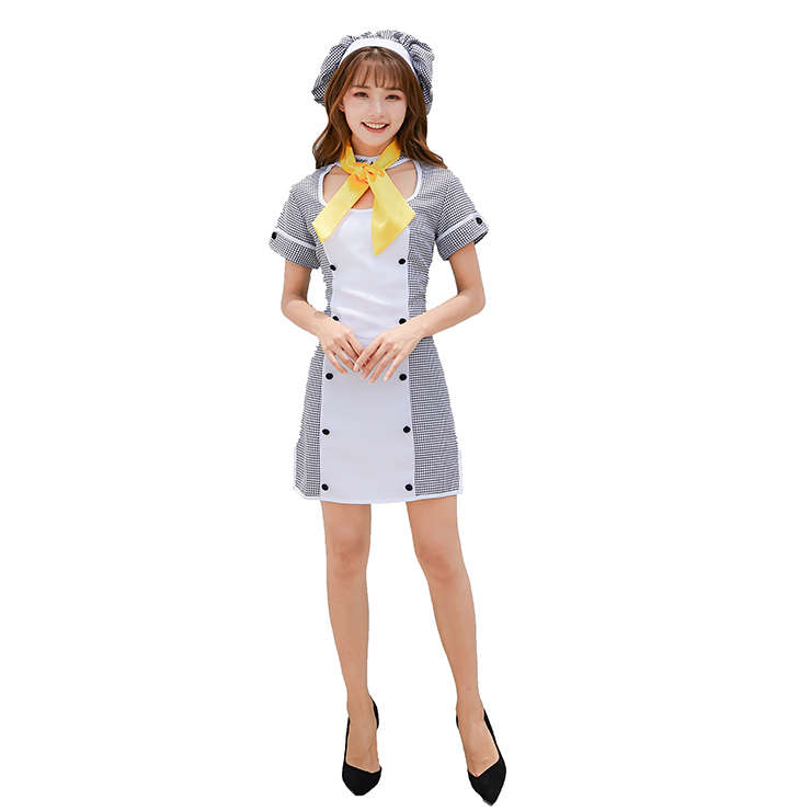 3pcs Sexy Women's Cook Short Sleeve Plaid Skirt Adult Halloween Cosplay Maid Costume N19477