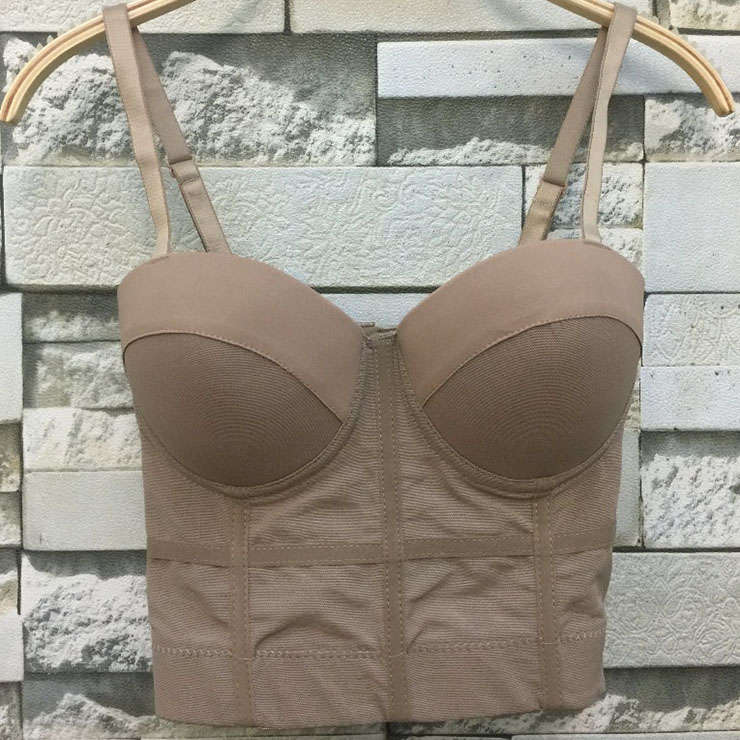 Sexy Dark brown See-through Mesh Spaghetti Straps Bustier Bra Corset Clubwear Crop Top N21022