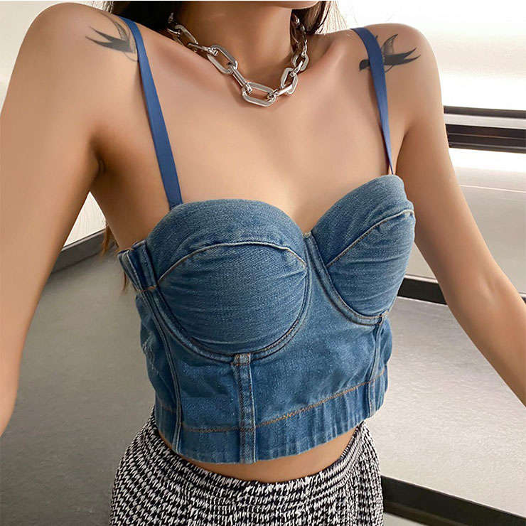 Sexy Blue Spaghetti Straps Denim Bar Plastic Bone Bustier Clubwear Crop Top N21020