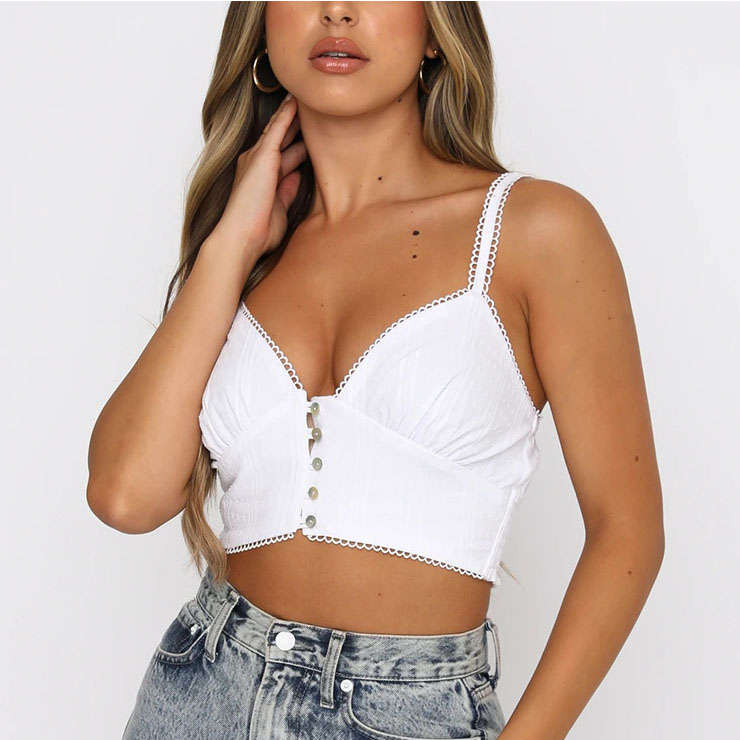 Sexy White Spaghetti Straps V Neck Button Camisoles Embroidered Lace Stitching Slim Crop Top N21108