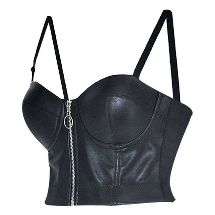 Sexy Punk Faux Leather Spaghetti Straps Bustier Zipper Clubwear Crop Top N20066