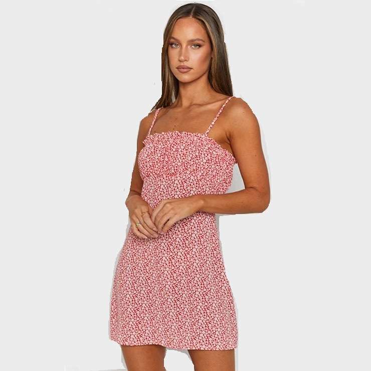 Sexy Red Floral Print Spaghetti Straps Elastic Bust Backless Summer Mini Dress N21181